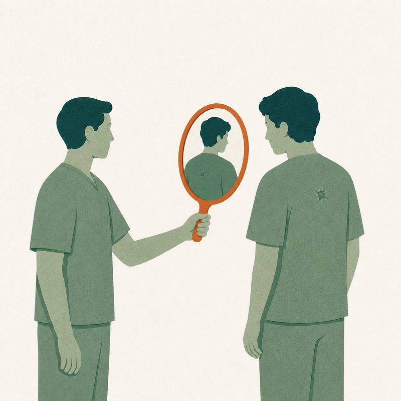 Illustration: a clinician holding up a mirror so another can see something on their back they could not see themselves