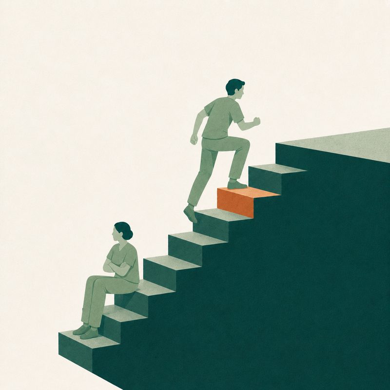Illustration: one clinician climbing a staircase while another sits partway down with arms crossed
